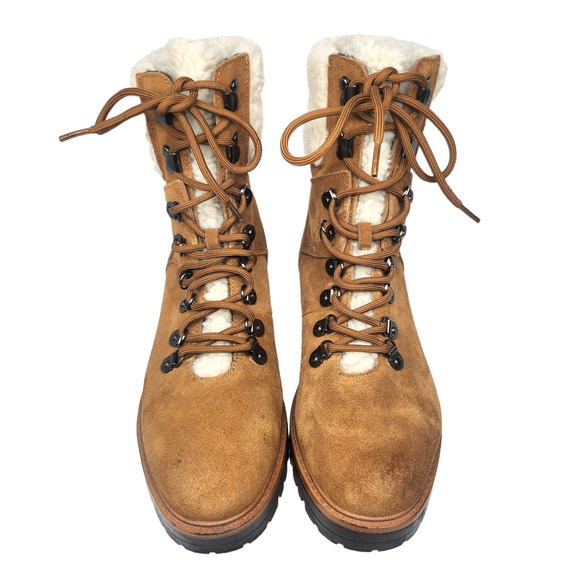 Marc Fisher Boots 9 Brown Leather Suede Combat Faux Shearling Fur Mid Calf Lace - Picture 4 of 12